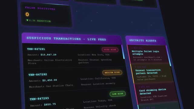 Futuristic digital dashboard displaying real-time data on fraud transactions and network analytics