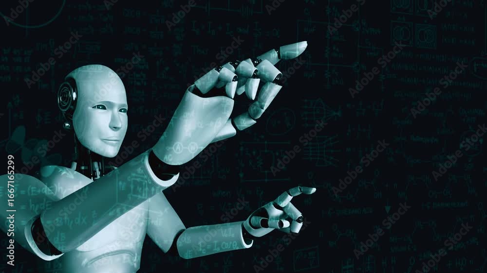 Poster ai hominoid robot touch screen of mathematics formula and science equation by using artificial intel