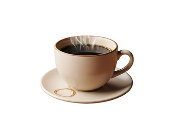 Obraz premium A cream-colored coffee cup and saucer, filled with dark coffee, rests on a black background, displaying steam rising gently from the hot beverage.
