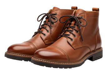 Two polished brown leather boots with dark brown laces and sturdy soles against a black background.