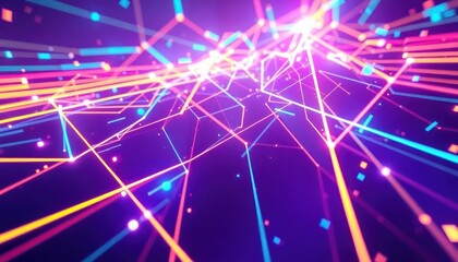 Vibrant network of glowing lines and points, symbolizing data flow, digital connectivity, and futuristic technology. Ideal for abstract backgrounds or conceptual designs.