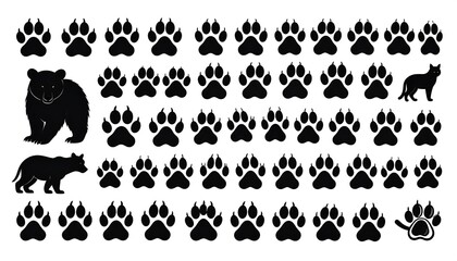 Obraz premium Bear and Wolf Paw Prints and Silhouettes Collection.