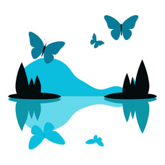 Turquoise butterflies dance above a reflective water landscape