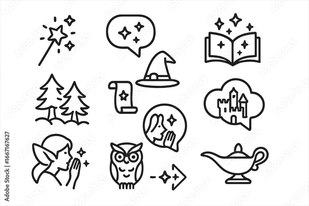Poster owl wizard vector fairy whispering scroll suggestion sparkles icon badge tale open