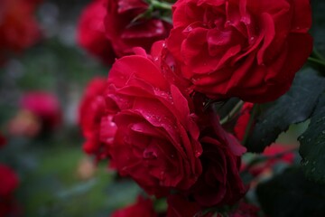 Close-up of fresh red rose petals with delicate drops of water, symbolizing love and beauty.
