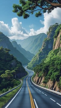 Ultra-realistic, high-resolution photograph in 9:16 portrait format of a paved highway cutting through the Serra do Mar mountains. The road winds between mountains covered in dense Atlantic Forest,