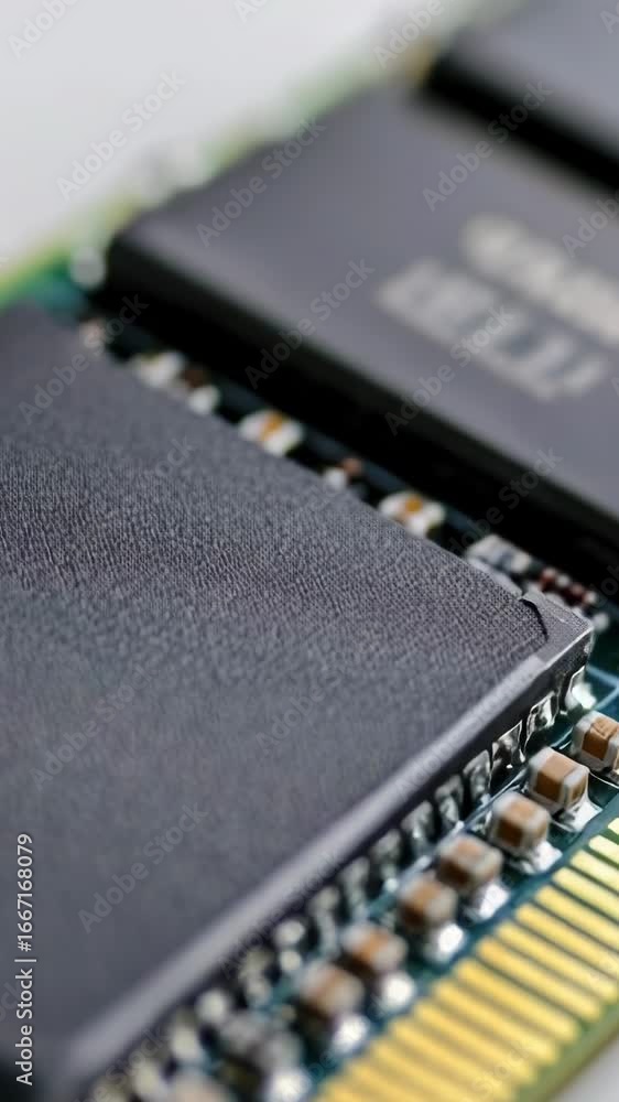 Poster close-up view of a microprocessor on top of a motherboard, useful for tech-related projects and illu