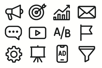 Set of 12 black digital marketing icons in flat vector style with white background, perfect for apps, websites, and advertising projects.