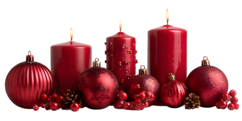 Christmas decoration with red candles and ornaments isolated on transparent background