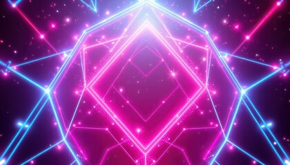 Vibrant neon pink and blue geometric lines with sparkling particles creating a dynamic, futuristic abstract background. Ideal for technology, music, or event visuals.