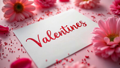 Valentines card with pink flowers and red glitter Valentines Day