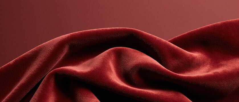 Close-up of velvet fabric surface, rich deep red tones, soft seamless texture.