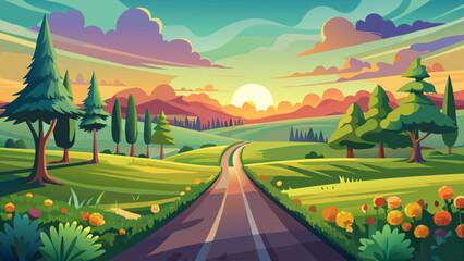  very Beautiful Road through a green field landscape scene at sunset, colorful summer vector nature illustration 