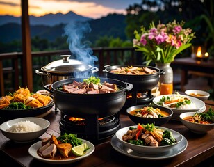 Outdoor dining with various dishes