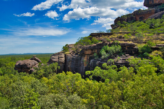 World Heritage area Nourlangie Rock (Burrunkuy), Arnhem Land Escarpment, Kakadu National Park, Northern Territory, Australia. Rock formation in forested area.
