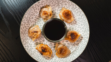 Golden-brown pan-fried dumplings presented on a stylish plate with a side of soy sauce dip. Highlights gourmet plating and Asian fusion elegance, perfect for modern culinary content and social media.