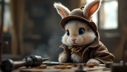 Adorable fluffy bunny wearing a brown hat and coat