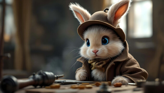 Adorable fluffy bunny wearing a brown hat and coat