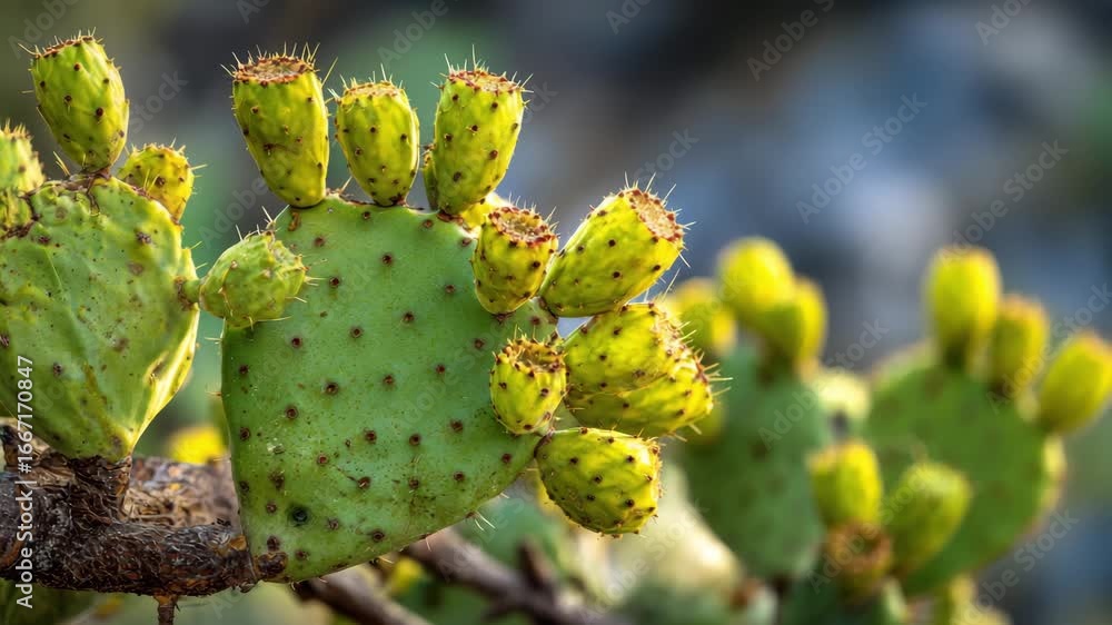 Aufkleber close-up view of a prickly pear cactus with bright yellow fruits and distinctive pads. natural sunli