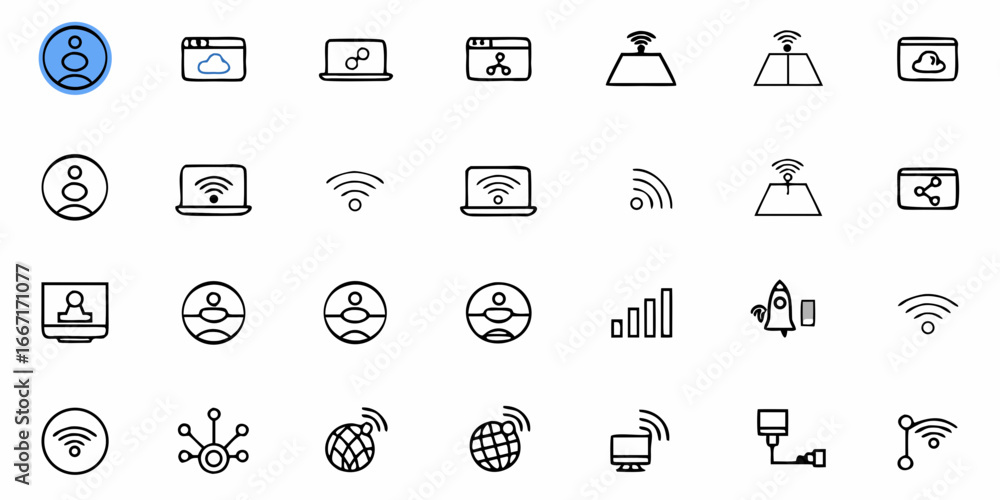 Poster doodle style connectivity icons set for tech projects: network, cloud, user, and wireless symbols fo