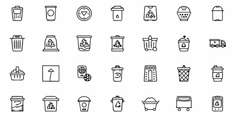 Fototapeta premium Eco-Friendly Doodles: Collection of Hand-Drawn Recycling and Sustainability Icons, Trash, Coffee, and Transport for a Greener Lifestyle and Environmental Awareness