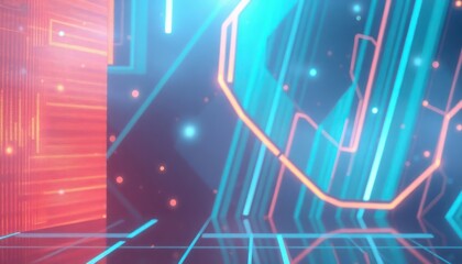 Fototapeta premium Futuristic abstract background with glowing neon lines and geometric shapes, depicting digital technology, data flow, and virtual reality. Ideal for tech, business, and modern design projects.