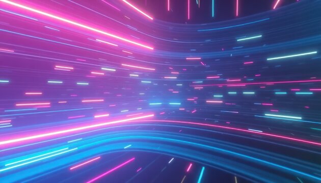 Dynamic neon light trails create a futuristic digital tunnel, symbolizing high-speed data, network communication, and modern technology concepts. - Powered by Adobe