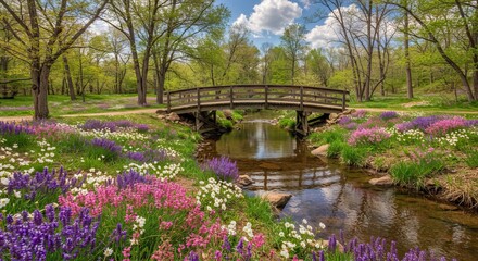 Fototapeta premium A stream flows under a bridge flanked by colorful flowers and trees in a park
