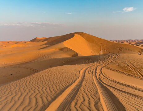 Golden desert dunes with tracks