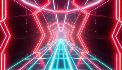 Futuristic neon light tunnel with glowing red and cyan lines creates an immersive, high-tech digital pathway. Ideal for technology, gaming, or virtual reality concepts.