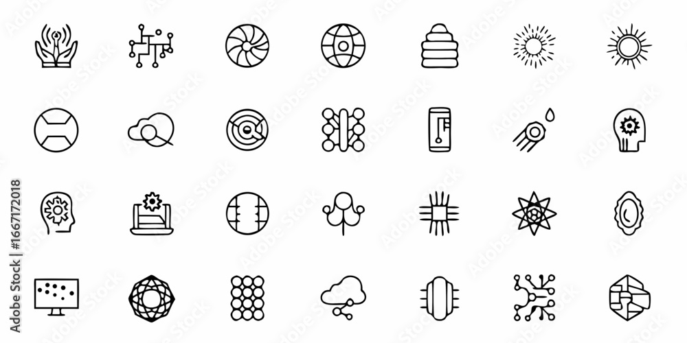 Poster dynamic collection of modern technology icons representing innovation, data, cloud computing, artifi