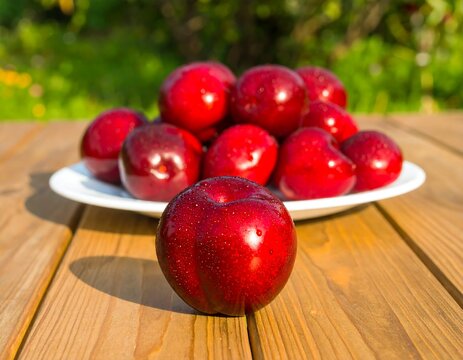 Fresh red plums on a white plate and wooden table, bathed in natural sunlight. Perfect for healthy eating, fruit, or summer themes.