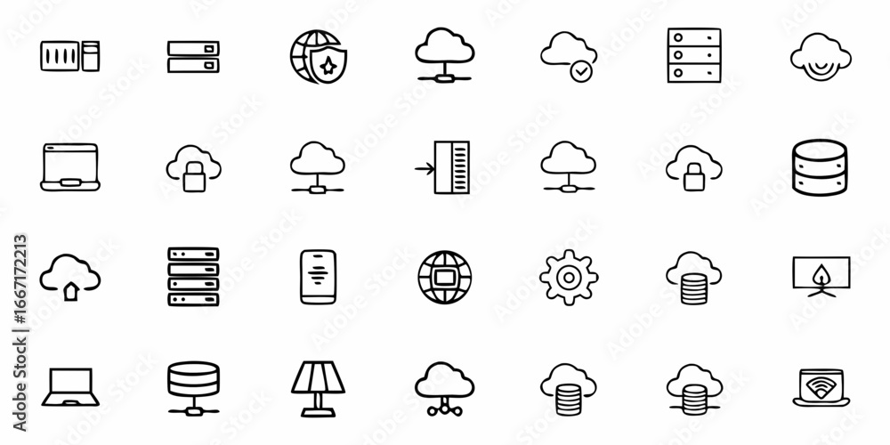 Poster modern cloud computing icons, illustrating data storage, network security, and technology solutions 