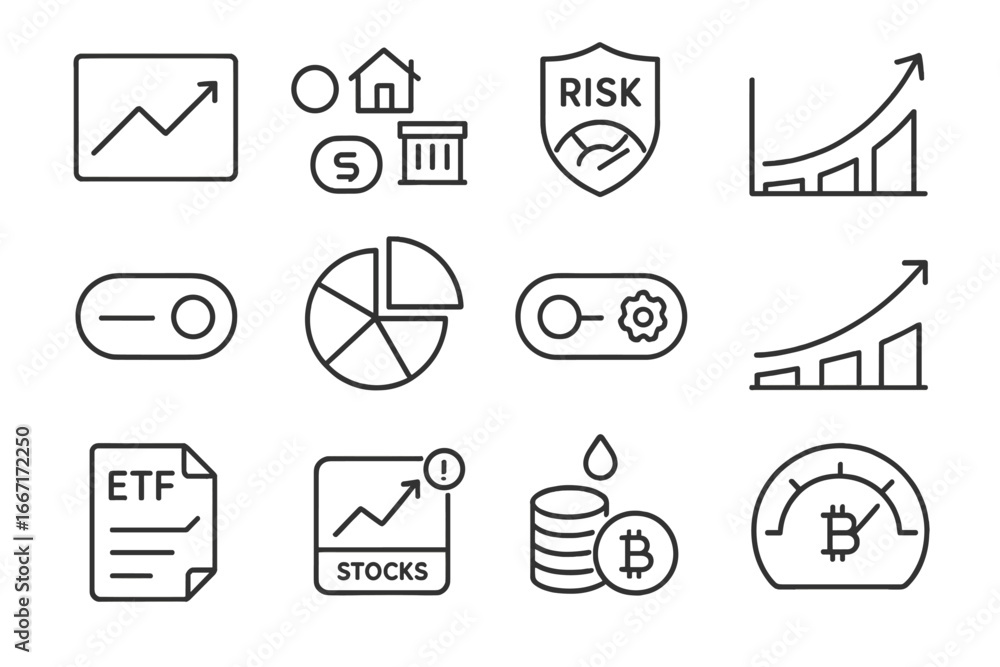Poster investment timeline overview alert meter chart crypto projected etf icon vector grid