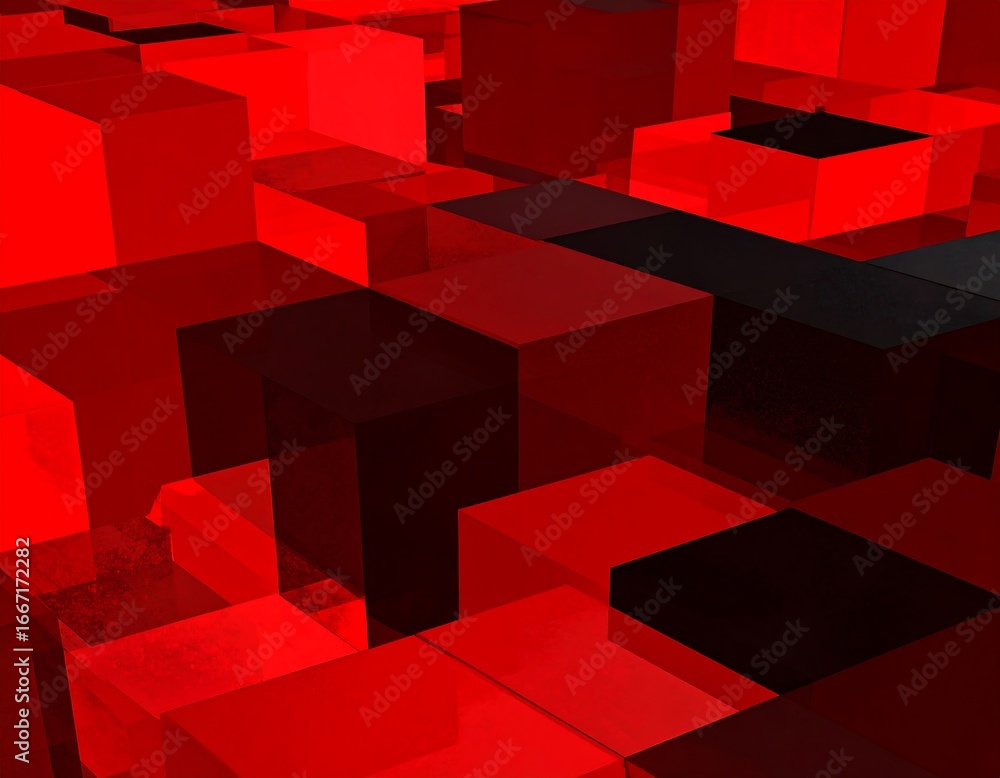 Fototapete abstract geometric composition of red and dark gray cubes, creating a dynamic visual effect