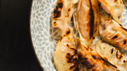 Golden-brown pan-fried dumplings presented on a stylish plate with a side of soy sauce dip....