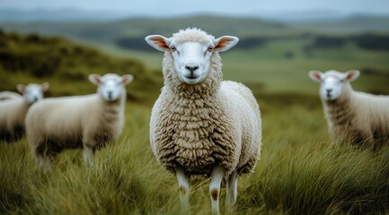 Fototapeta premium Flock of Sheep Grazing in a Lush Green Meadow During Overcast Day in the Countryside