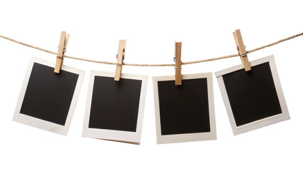 Four Blank Instant Photo Frames Hanging on Rope – Empty Picture Template PNG