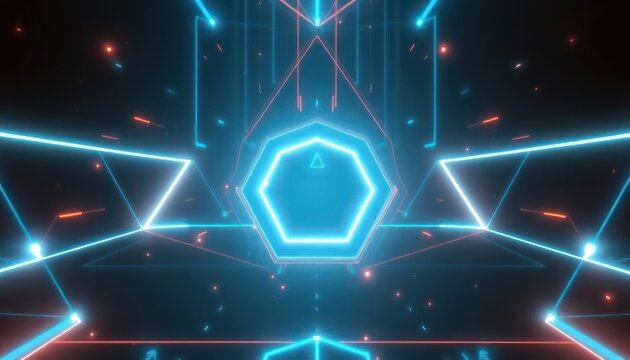 Dynamic abstract background featuring glowing neon lines and geometric shapes in blue and orange, creating a futuristic digital tunnel. Ideal for technology, data, and motion graphics concepts.