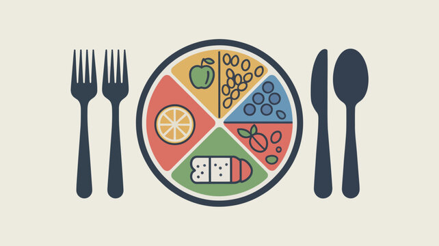 Illustration of a plate divided into sections with fruits grains protein and vegetables with cutlery