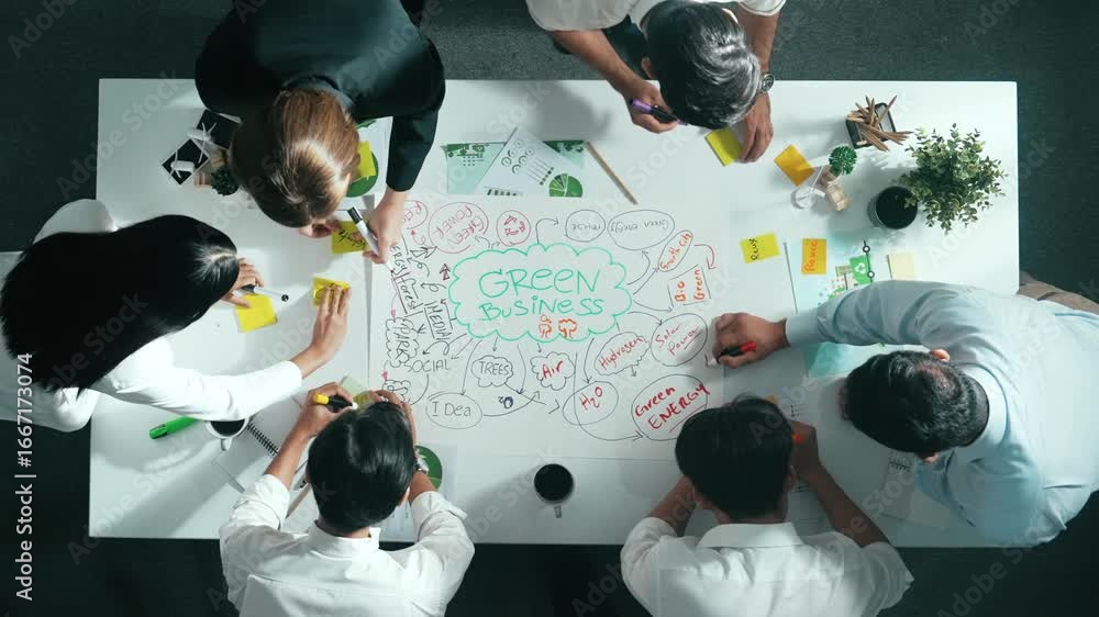 Aufkleber top view of professional business team working together to brainstorm environmental idea by using mi