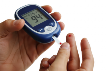Person checking blood sugar levels with a glucose meter isolated on transparent background
