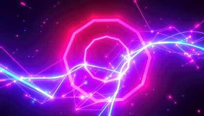 Vibrant neon network with glowing octagons and dynamic light trails on a dark background. Represents technology, data, and digital energy for modern applications.