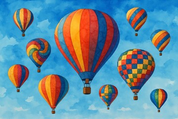 Fototapeta premium Colorful hot air balloons floating in a bright blue, cloudy sky, featuring a vibrant watercolor painting style, perfect for travel, adventure, or uplifting background designs