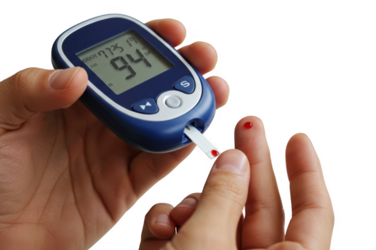 Person checking blood sugar levels with a glucose meter isolated on transparent background