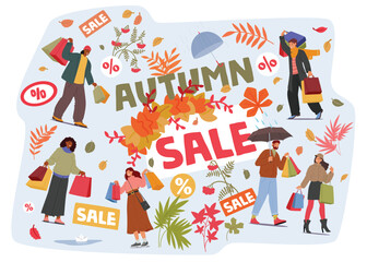 Autumn sale background template with happy people enjoying shopping activity with discounts