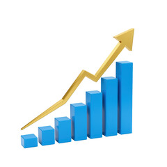 Golden arrow graph showing upward trend and blue bar chart isolated on transparent background