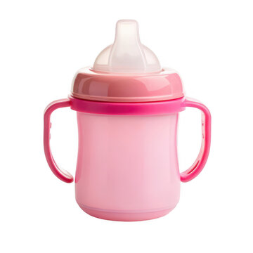Pink sippy cup with handles isolated on transparent background