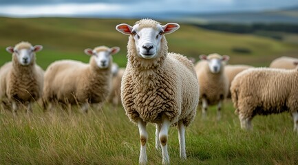 Fototapeta premium Flock of Sheep Grazing in a Lush Green Meadow During Overcast Day in the Countryside.