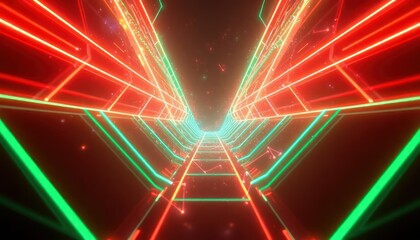 Futuristic digital tunnel with glowing red and green neon lines, evoking data flow, cyberspace, and high-speed networks. Ideal for technology, gaming, or modern designs.